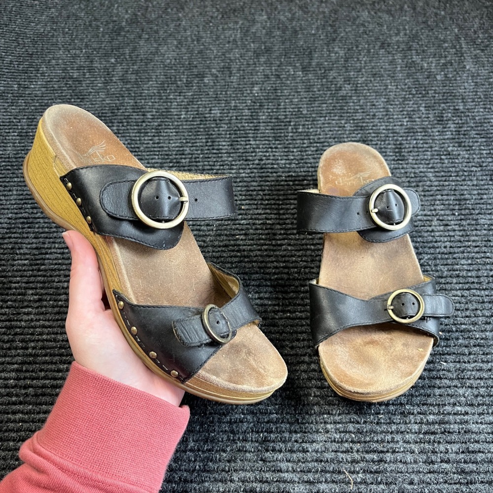 Dansko Slide Sandals Womens 38 Black Leather Buckle Studded Wedge Clogs boho